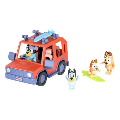 BlueY Heeler - Mașină de familie cu tracțiune integrală și set de 4 figurine, figurine de 6-8 cm, 2 plăci de surf și autocolante ca accesorii, exclusiv pe Amazon.