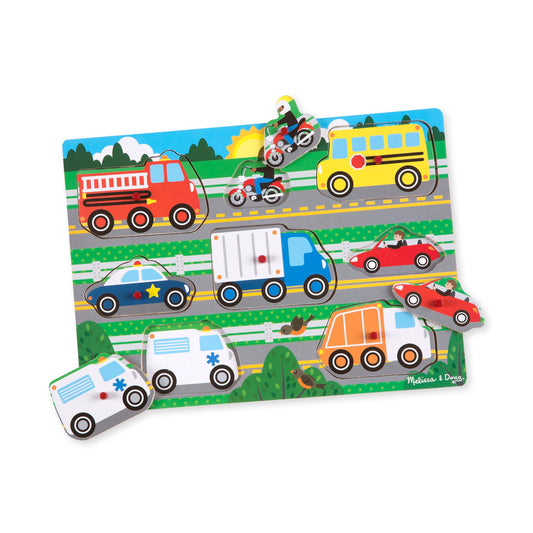 Puzzle din lemn cu vehicule Melissa & Doug – Jucărie interactivă pentru învățare, cadou educativ pentru copii de 2 ani și mai mari