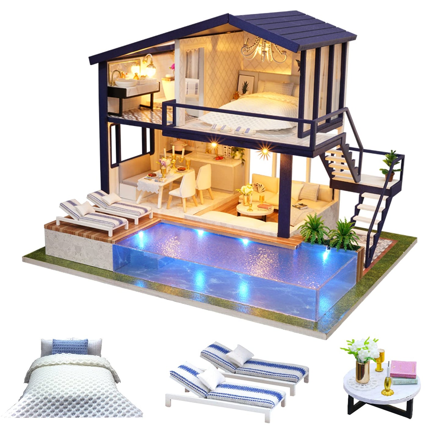 CUTEROOM A066 Set de construcție casă de păpuși din lemn miniatură Time Apartment cu piscină