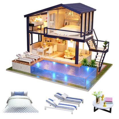 CUTEROOM A066 Set de construcție casă de păpuși din lemn miniatură Time Apartment cu piscină