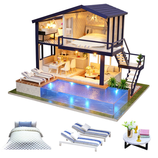 CUTEROOM A066 Set de construcție casă de păpuși din lemn miniatură Time Apartment cu piscină
