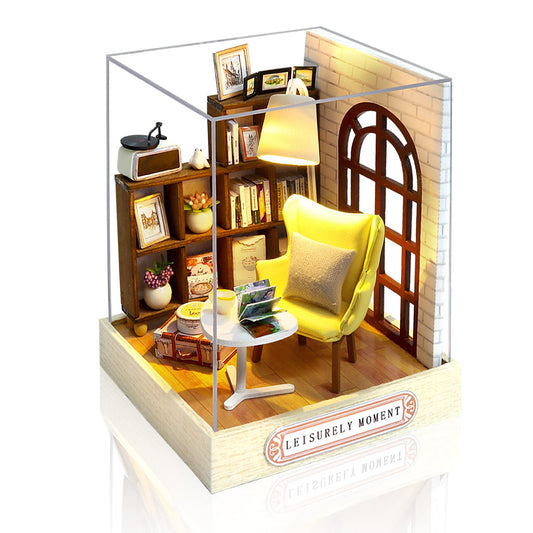Cuteefun DIY Casa de Păpuși Miniaturală pentru Începători, Casa de Păpuși Miniaturală de Construit, Kit de Miniaturi cu Unelte, Set de Crafting pentru Casuțe din Lemn (Moment Confortabil)