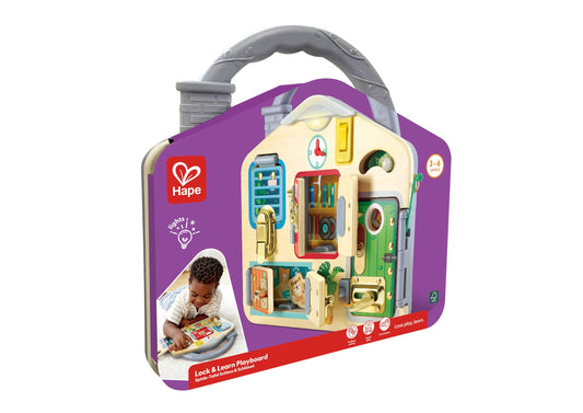 Placa activa din lemn HaPe International - Blocați și învățați, Joc de Motricitate, Jucărie Educațională, de la 3 Ani