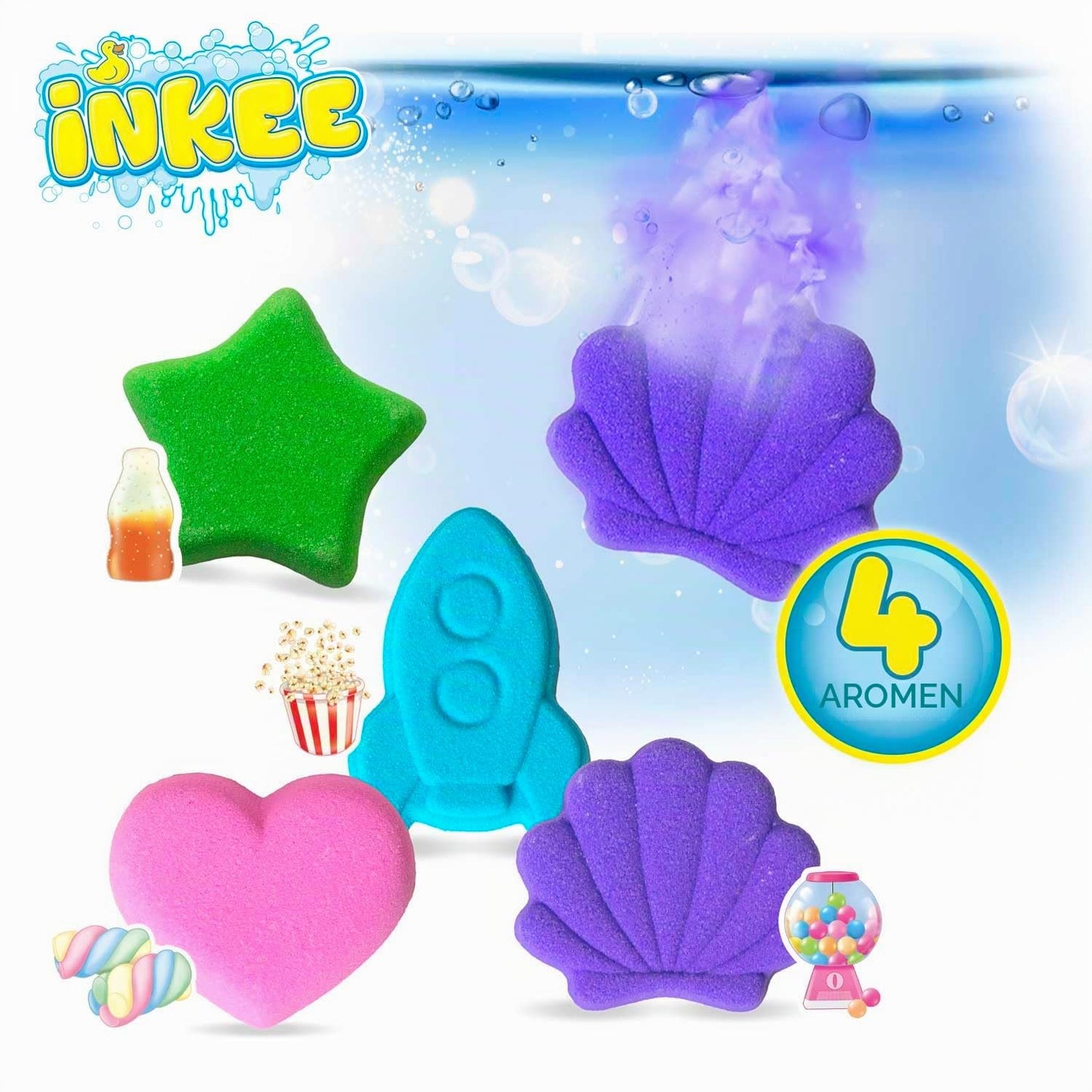 INKEE Bath Fizzer Mix Set de baie cu 4 bombe efervescente pentru copii cu ulei de migdale, 4x 20g cu arome, 4 culori, mirosuri și forme diferite