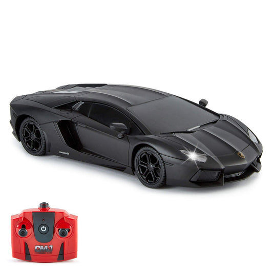 Mașină RC CMJ Lamborghini Aventador cu faruri funcționale, control de la distanță, scară 1:24, 2,4 GHz, jucărie excelentă (Negru)