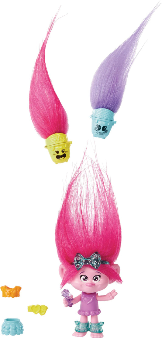 Mattel Trolls 3 - Hair Pops Poppy, păpușă cu păr roz și haine detașabile, accesorii surpriză, inspirată din film, jucărie pentru copii 3+ ani, HNF10