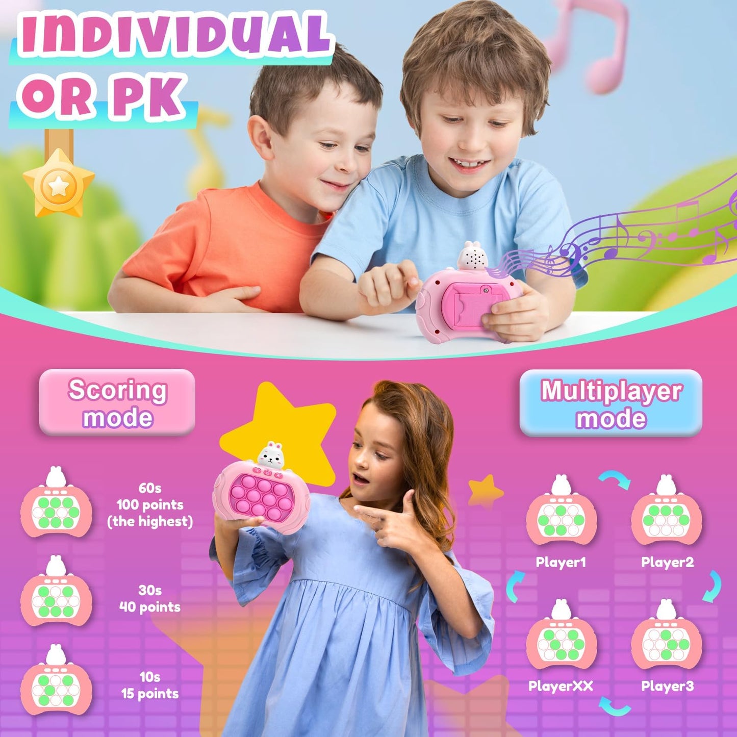 Jucărie senzorială cu butoane pop - Consolă de jocuri cu bule pentru copii, joc de descompresie, mașină de puzzle, joc cu lumini, cadou de ziua de naștere pentru copii 3+ (Iepuraș)
