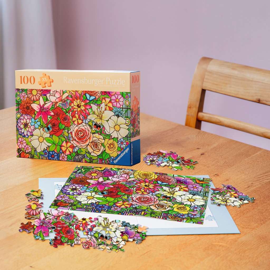 Puzzle Ravensburger Blumenfenster - 100 Piese pentru Seniori - Piese Mari din Material Antiderapant, cu Imagine Mare și Suport pentru Puzzlare
