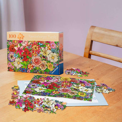 Puzzle Ravensburger Blumenfenster - 100 Piese pentru Seniori - Piese Mari din Material Antiderapant, cu Imagine Mare și Suport pentru Puzzlare
