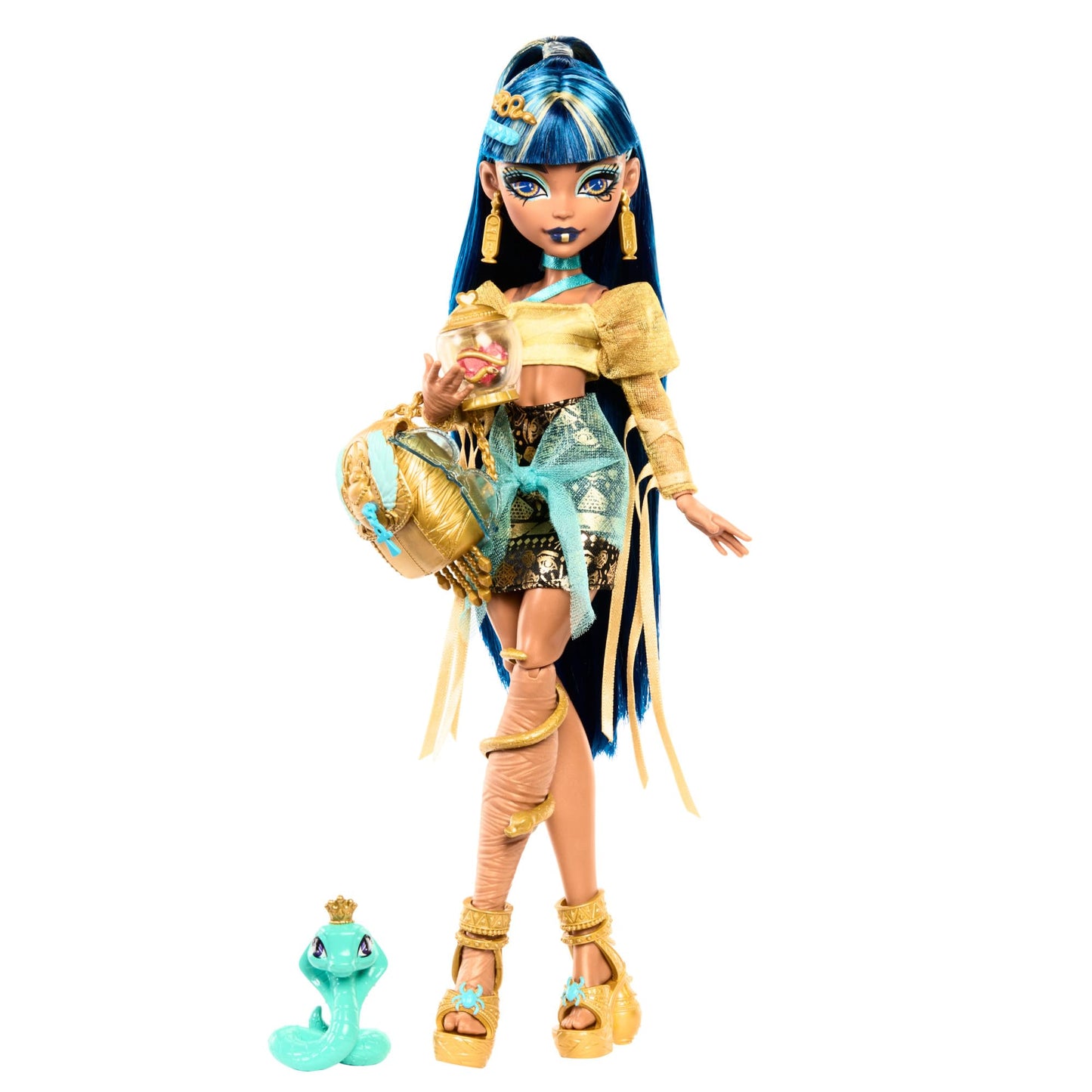Monster High Cleo De Nile Păpușă în bluză aurie și fustă multilayer, include animal de companie Kobra Hissette și accesorii precum rucsac, gustare și rolă de hârtie, HXH74