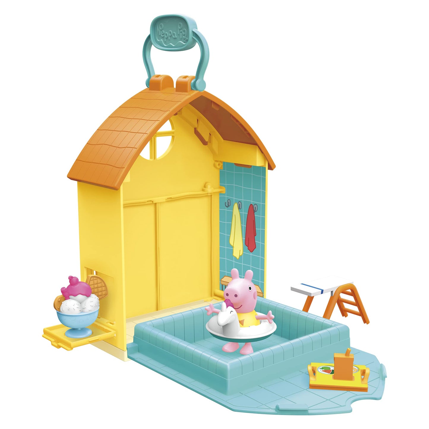 Set de joacă Peppa Pig - Aventurile lui Peppa la piscină, include 1 figură și 4 accesorii, potrivit pentru copii de la 3 ani.