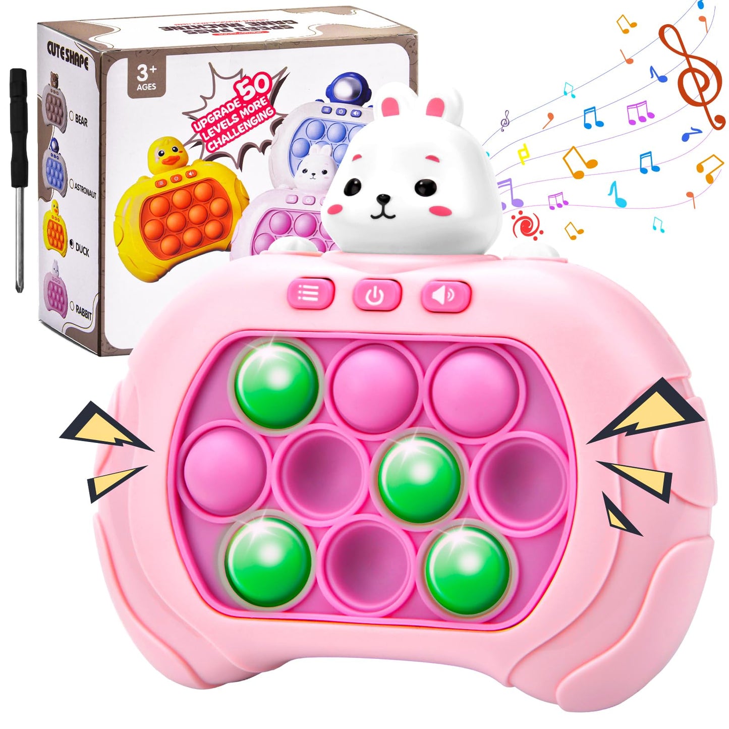 Jucărie senzorială cu butoane pop - Consolă de jocuri cu bule pentru copii, joc de descompresie, mașină de puzzle, joc cu lumini, cadou de ziua de naștere pentru copii 3+ (Iepuraș)
