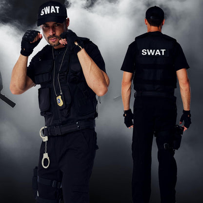 Costum Ulikey SWAT pentru bărbați, vestă poliție, costum de securitate cu vestă, șapcă, suport pentru pistol și curea pentru cosplay, Halloween, carnaval, petreceri.