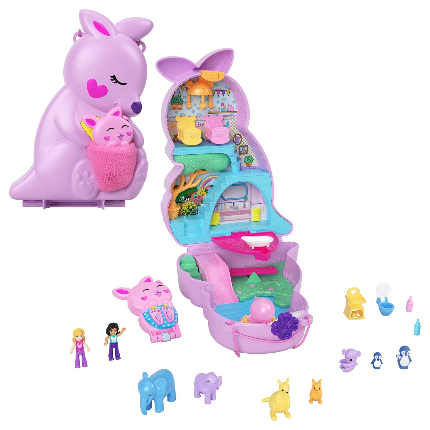 Polly Pocket Geanta Mama și Joey Cangur - Set de joacă 2-în-1 cu cameră pentru pui de animale, 2 păpuși, 7 animale și accesorii, inclusiv geantă moale și cutie, perfect pentru călătorii, de la 4 ani, HKV50