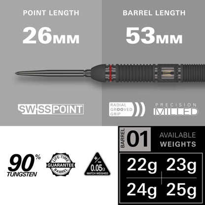 Set de Steeldarts Target Darts Scope Swiss Point, 90% Tungsten, 22G | Darts Profesionale Roșii și Negre, cu Swiss Points și Unelte