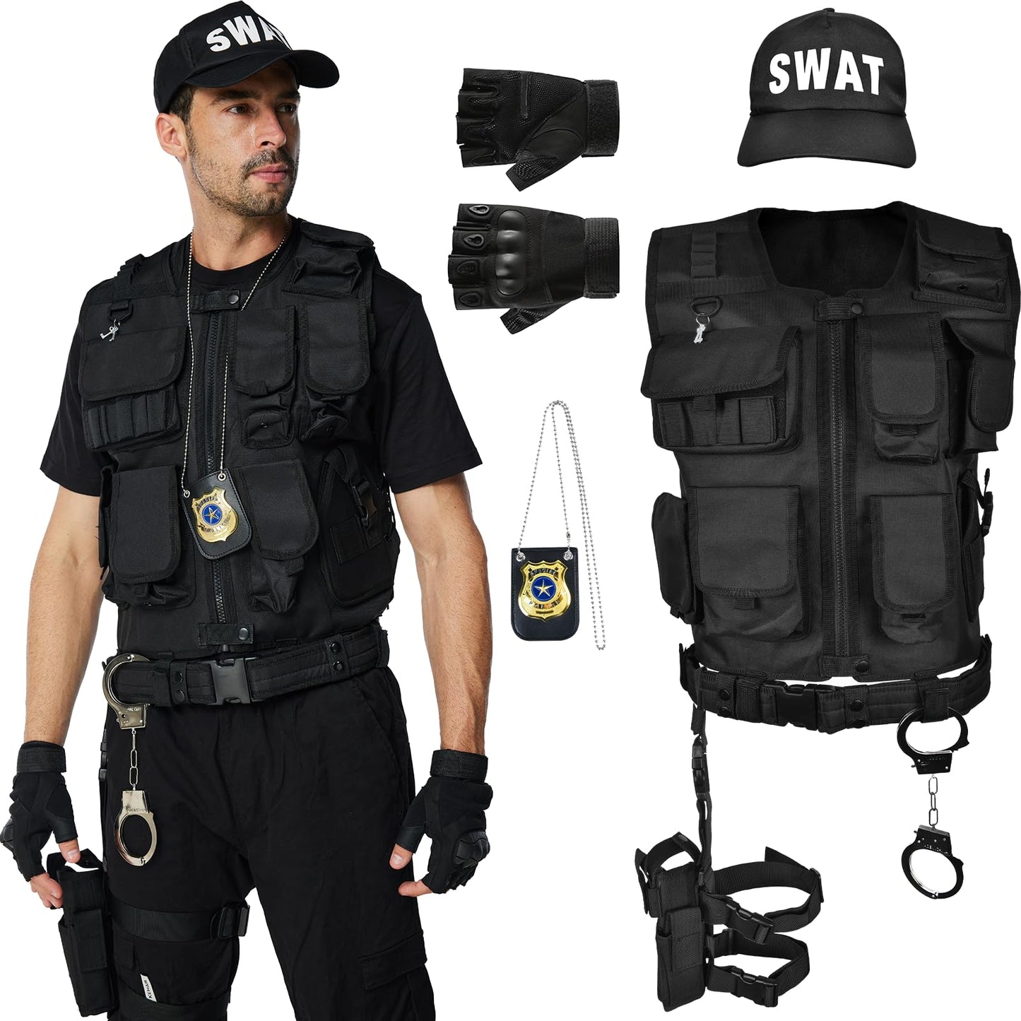 Costum Ulikey SWAT pentru bărbați, vestă poliție, costum de securitate cu vestă, șapcă, suport pentru pistol și curea pentru cosplay, Halloween, carnaval, petreceri.