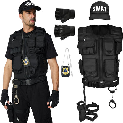 Costum Ulikey SWAT pentru bărbați, vestă poliție, costum de securitate cu vestă, șapcă, suport pentru pistol și curea pentru cosplay, Halloween, carnaval, petreceri.