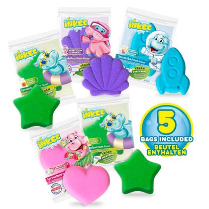 INKEE Bath Fizzer Mix Set de baie cu 4 bombe efervescente pentru copii cu ulei de migdale, 4x 20g cu arome, 4 culori, mirosuri și forme diferite