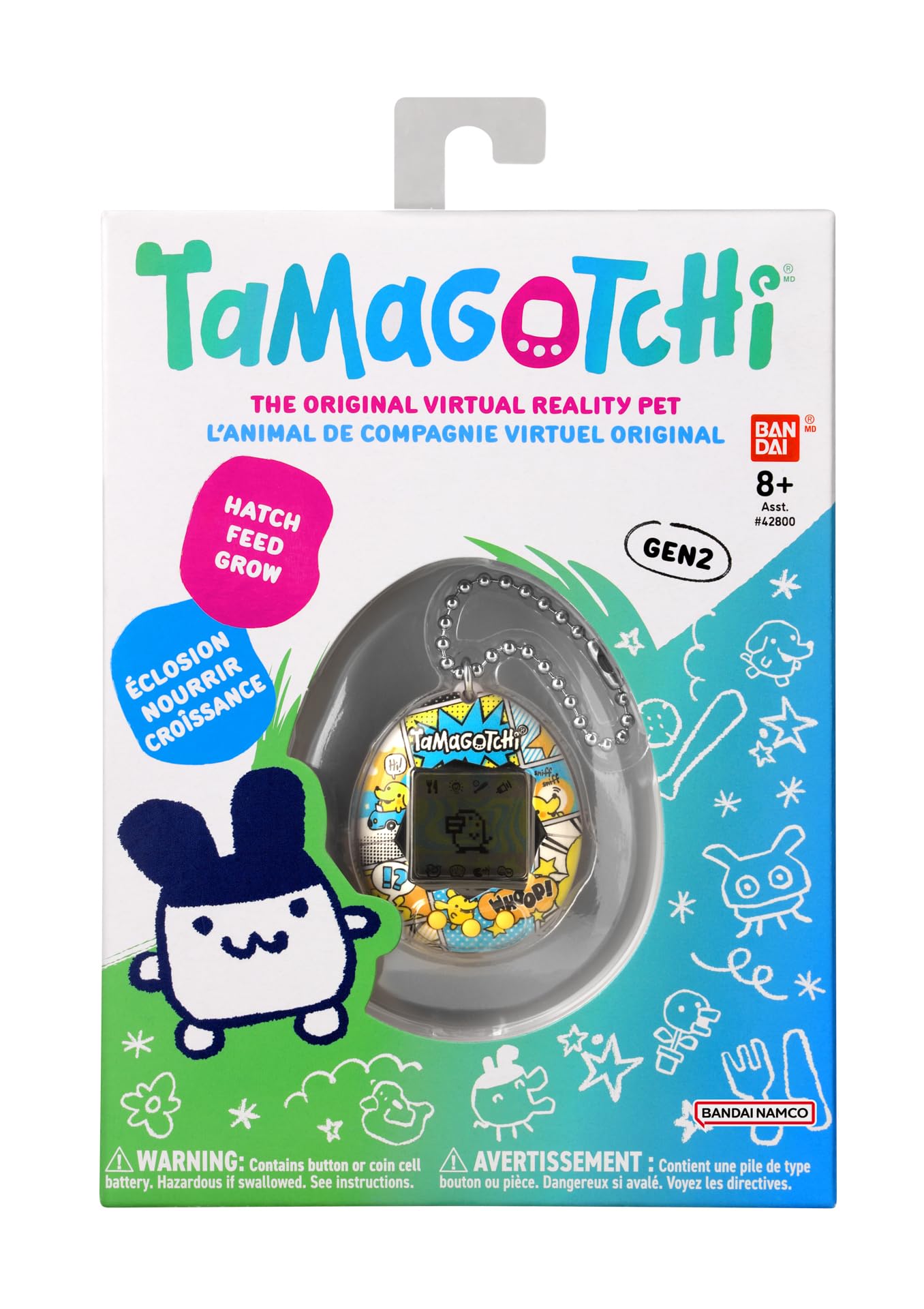 Bandai - Tamagotchi - Tamagotchi Original - Pochitchi Comic Book - Animal virtual electronic cu display color, 3 butoane și jocuri - Animal interactiv în limba germană - 42976