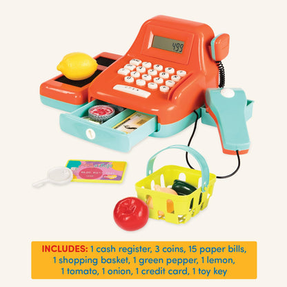 Casă de marcat pentru copii Battat cu scanner și sunet, jucărie interactivă, casă de marcat electronică pentru supermarket – cu accesorii magazin, bani și alimente, potrivită de la 3 ani.