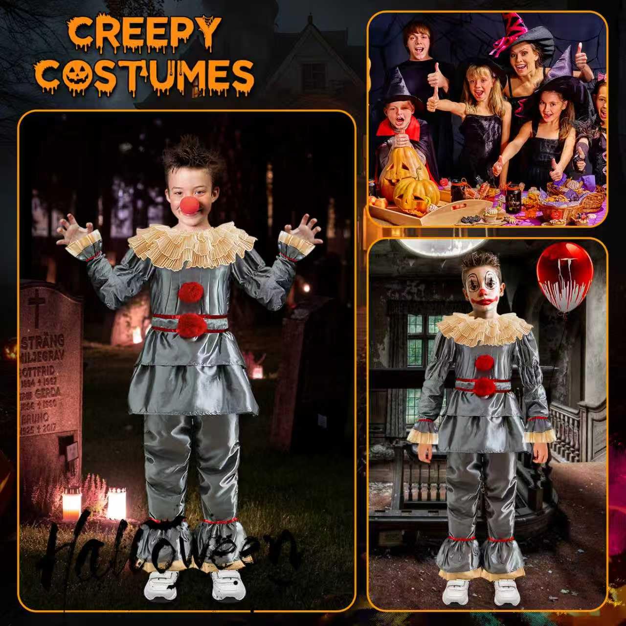 Costum de Halloween Clovn Pennywise pentru copii: Set costum clovn horror, outfit cosplay Pennywise din filmul de groază, îmbrăcăminte pentru petreceri de Halloween și carnaval.