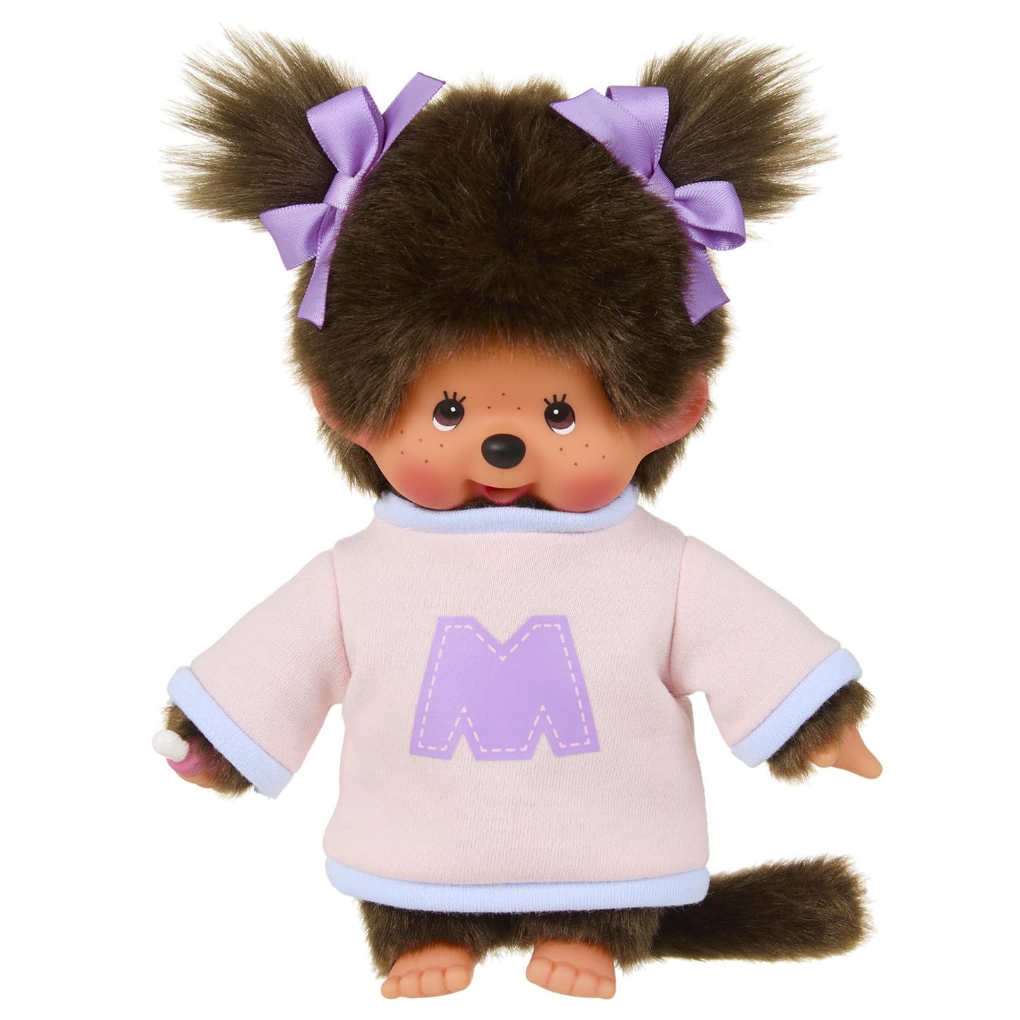 BANDAI - Monchhichi - Figurina din pluș Monchhichi cu hanorac M - Iconic Monchhichi din anii '80 - Pluș 20 cm pentru copii - Hanorac cu litera M - Jucărie pentru copii de la 2 ani - SE203956