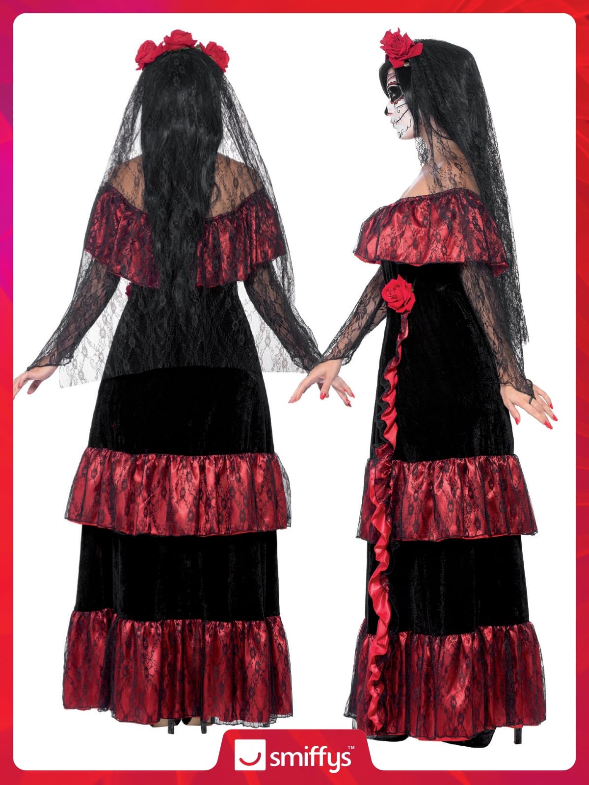 Smiffys Deluxe Costum de mireasă Ziua Morților, negru, Halloween și Carnaval