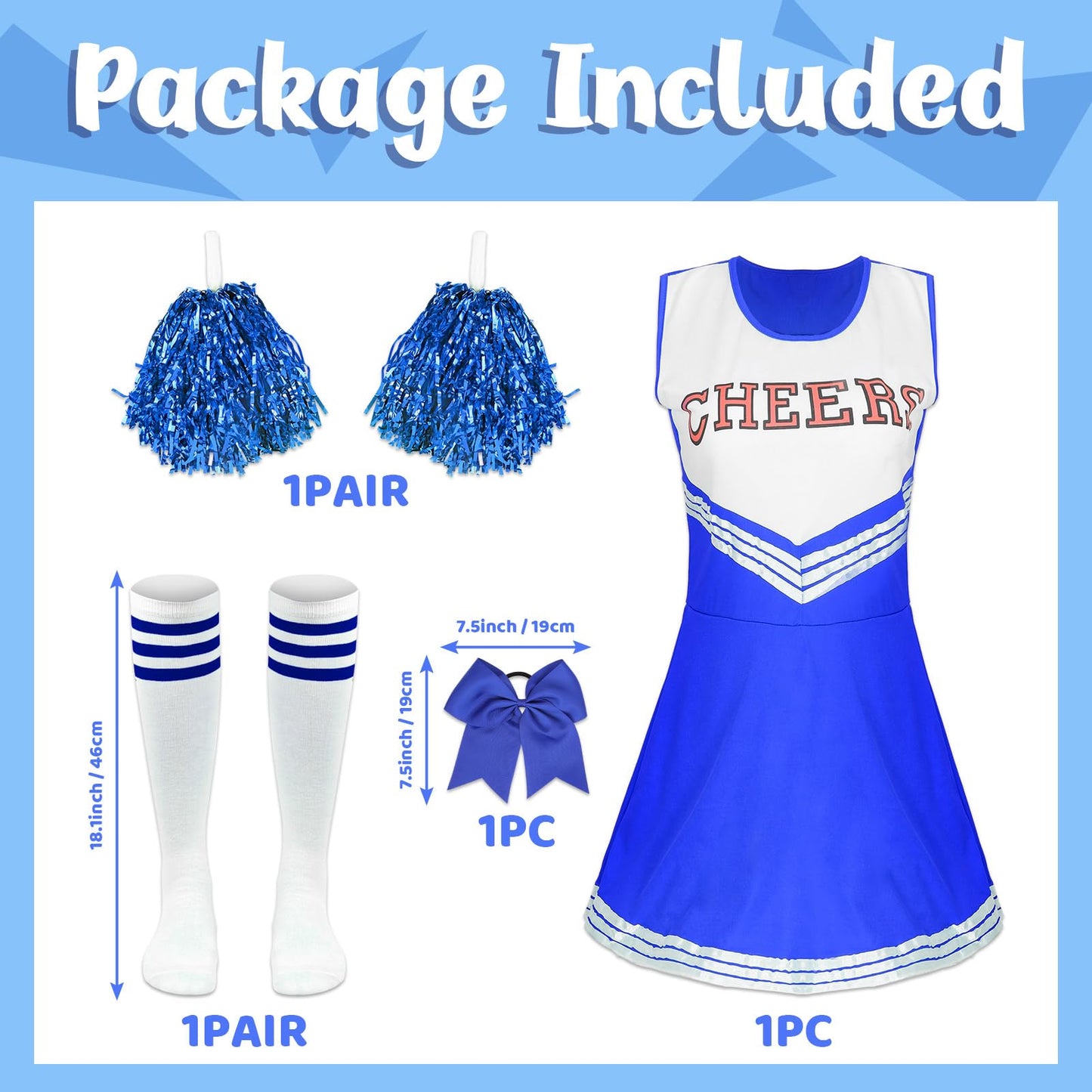 Costum de Cheerleader pentru Femei, Costum de Cheerleader cu Pomponi, Uniformă de Cheerleader, Costum de Halloween pentru Adulți pentru Cosplay pentru Fete (Albastru, XL)