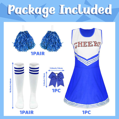 Costum de Cheerleader pentru Femei, Costum de Cheerleader cu Pomponi, Uniformă de Cheerleader, Costum de Halloween pentru Adulți pentru Cosplay pentru Fete (Albastru, XL)