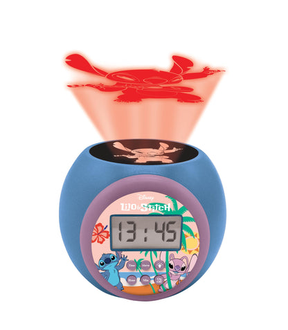 Ceas de proiecție Lexibook Disney Stitch cu funcție de alarmă și snooze, lumini de noapte cu timer, ecran LCD, funcționează pe baterii, albastru, RL977D