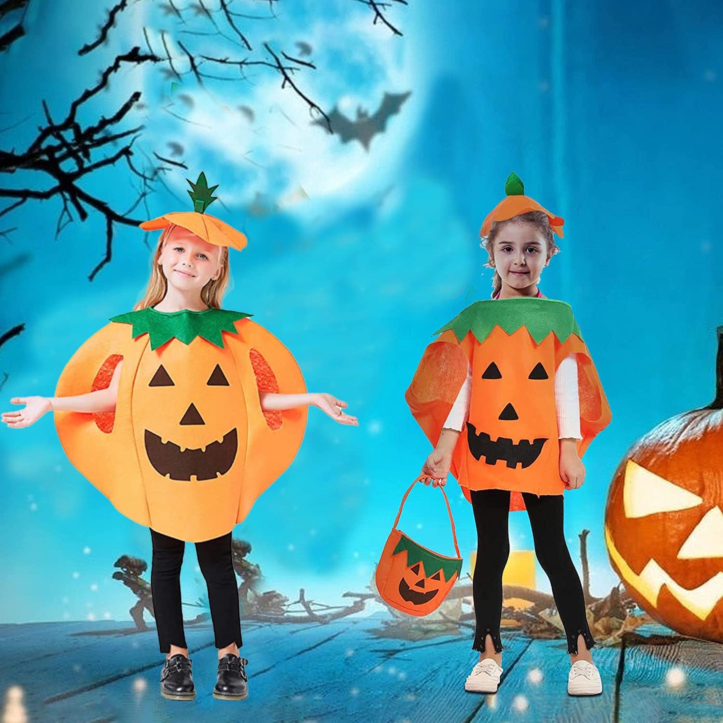 OUQIWEN ngyf-1 Costum de Halloween Dovleac pentru Copii cu Coș și Pălărie, pentru Băieți și Fete Cosplay Petrecere Halloween