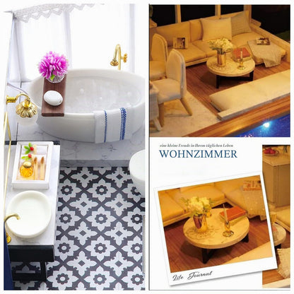 CUTEROOM A066 Set de construcție casă de păpuși din lemn miniatură Time Apartment cu piscină
