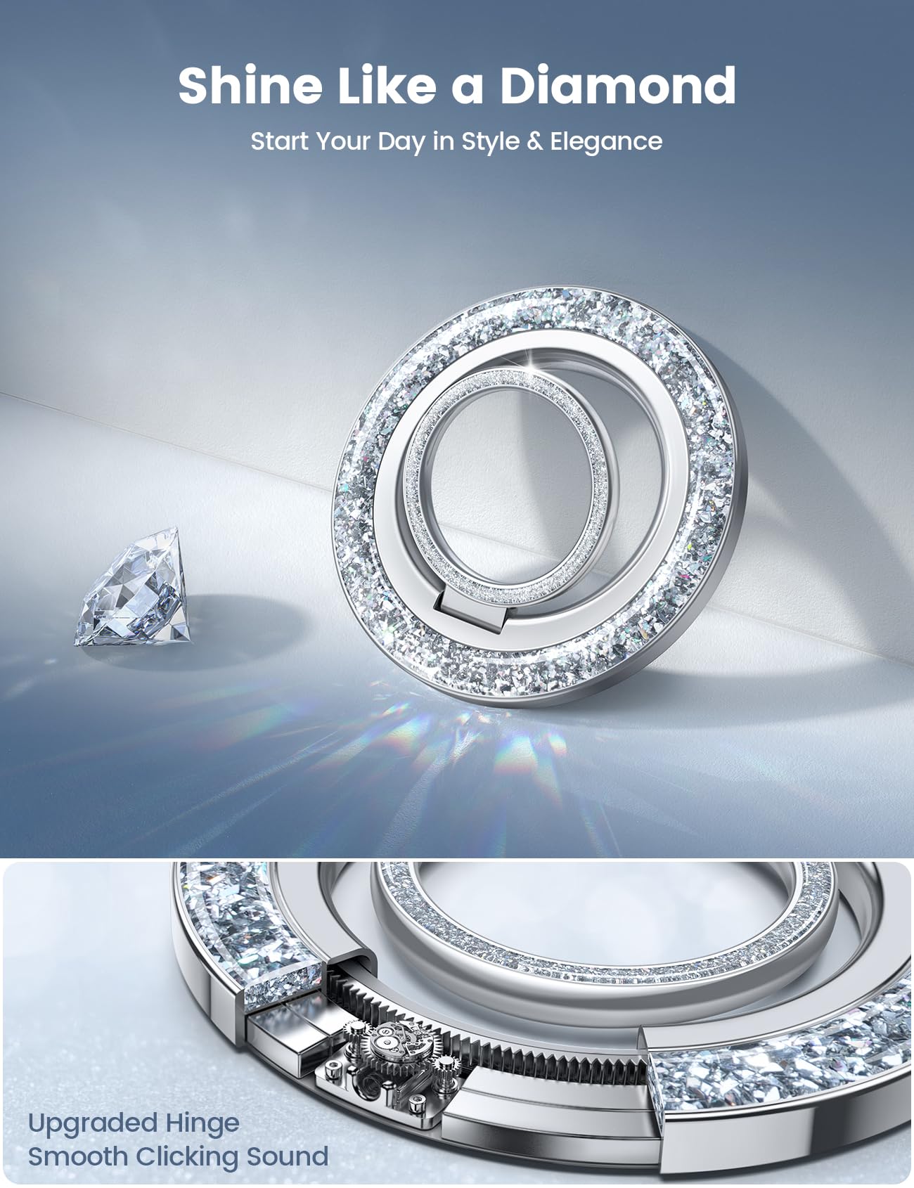 Suport Magnetic pentru Telefon Lamicall Bling pentru MagSafe - [Inel Strălucitor 2025] cu Rotire 360° pentru iPhone 17 16 15 14 13 Pro/Pro Max/Plus/Air, Alte Telefoane cu Inel Metalic - Argintiu