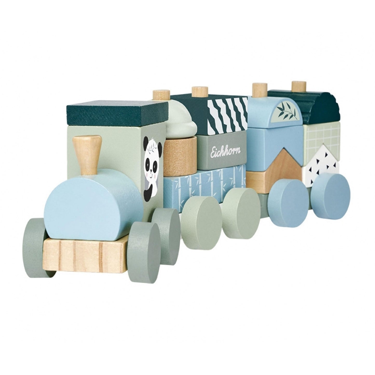 Eichhorn 7/100003804 Set tren din lemn cu 2 vagoane și 13 cuburi colorate, 16 piese, 29 cm, jucărie motricitate pentru copii de la 1 an (gri/bleu deschis)