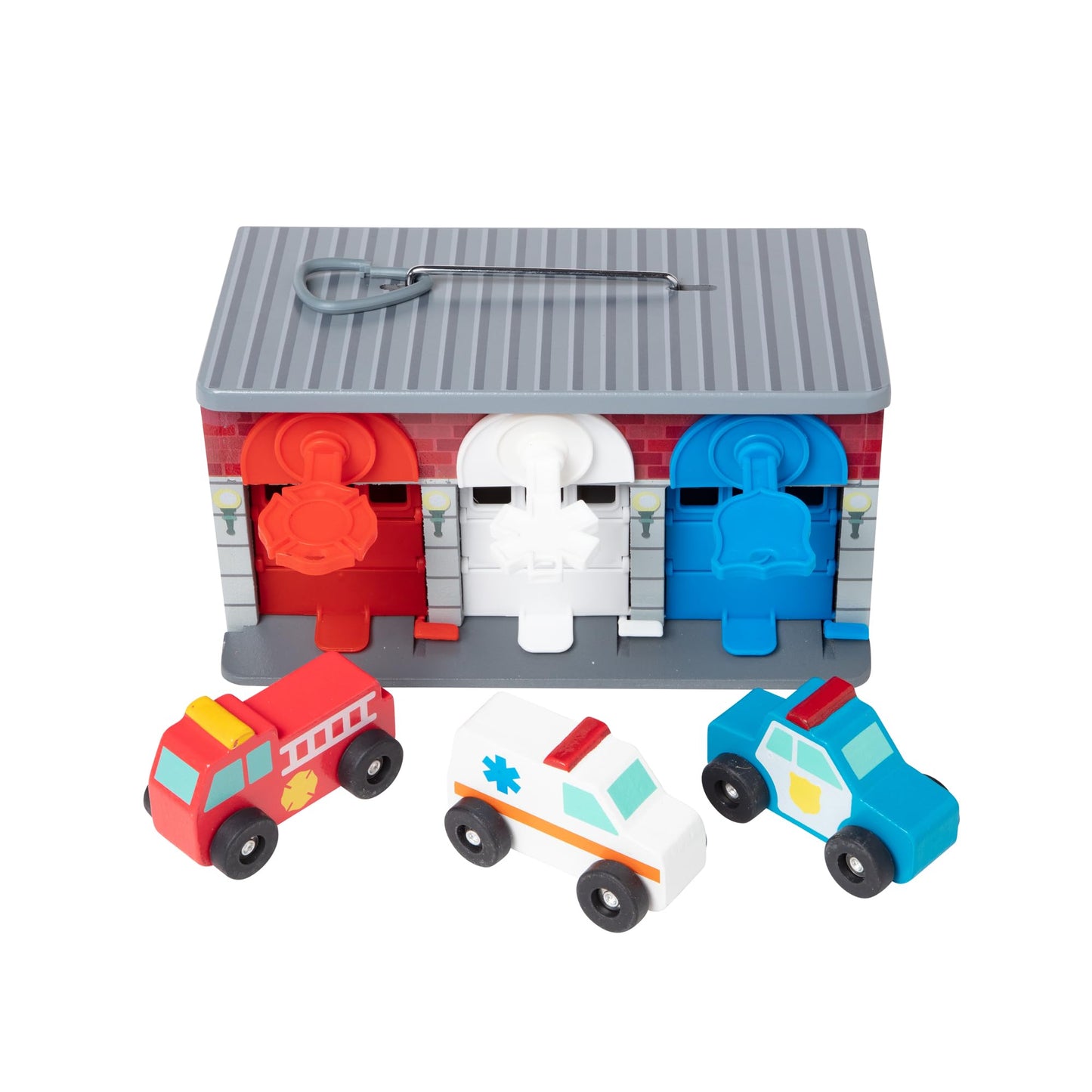 Melissa & Doug Garage de jucărie cu chei și vehicule de salvare din lemn 7 piese de la 3 ani