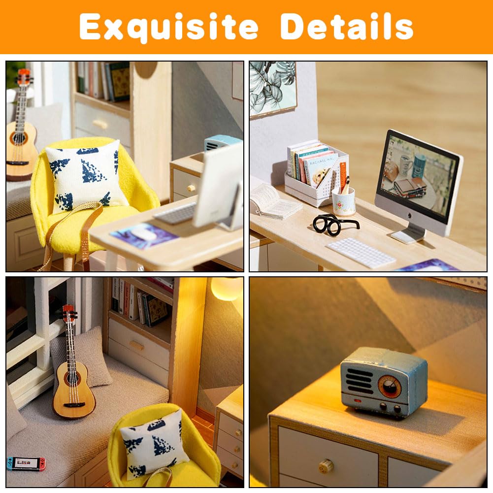 OSDUE Kit Miniatură Casă de Păpuși DIY, Model din Lemn cu LED și Protecție împotriva Prafului, Cadou de Craft pentru Adulți și Copii