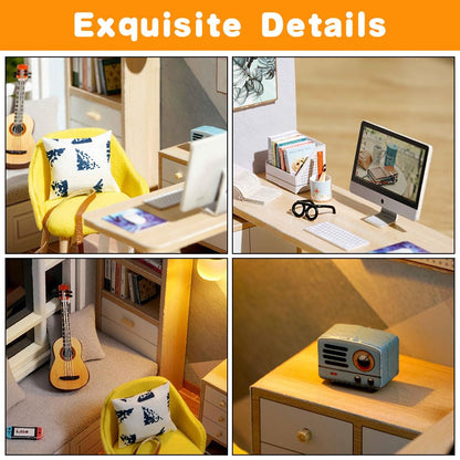 OSDUE Kit Miniatură Casă de Păpuși DIY, Model din Lemn cu LED și Protecție împotriva Prafului, Cadou de Craft pentru Adulți și Copii
