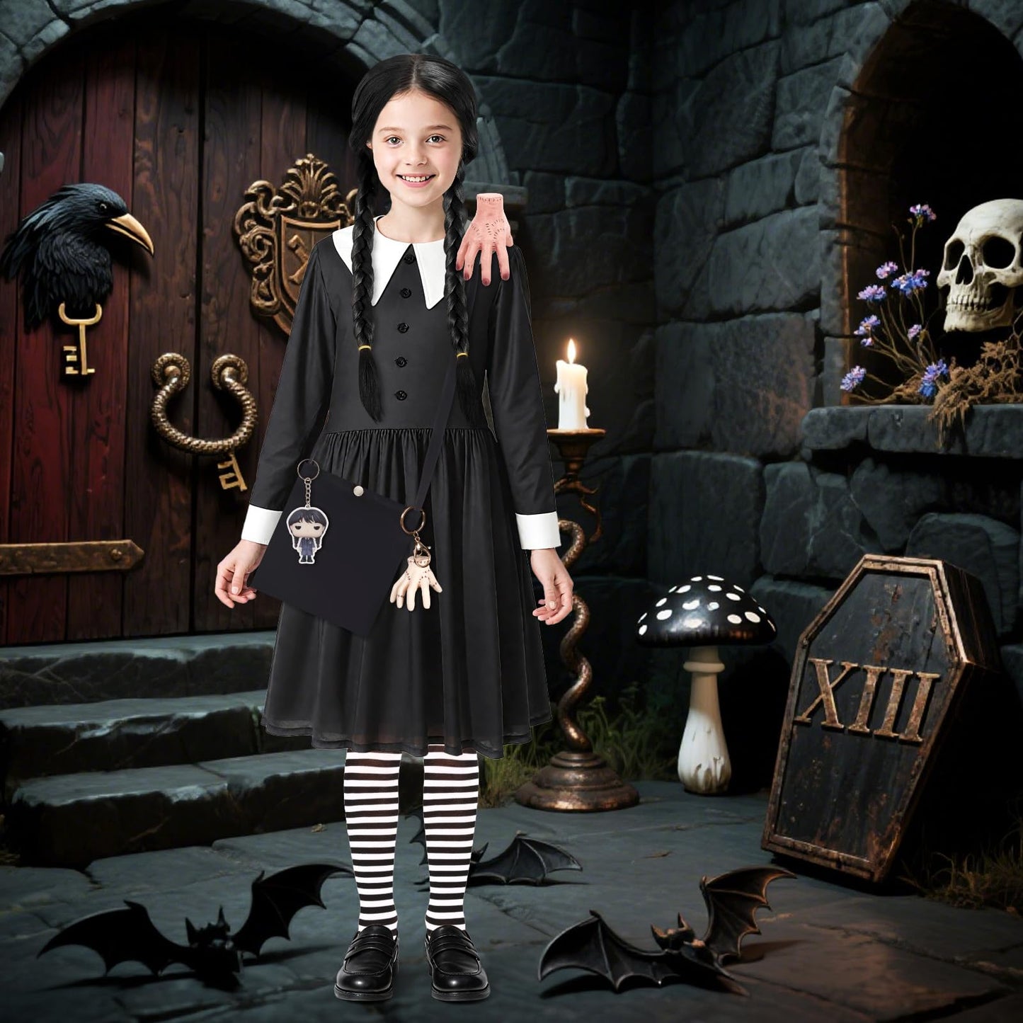 SINSEN Costum Wednesday Addams Copii, negru