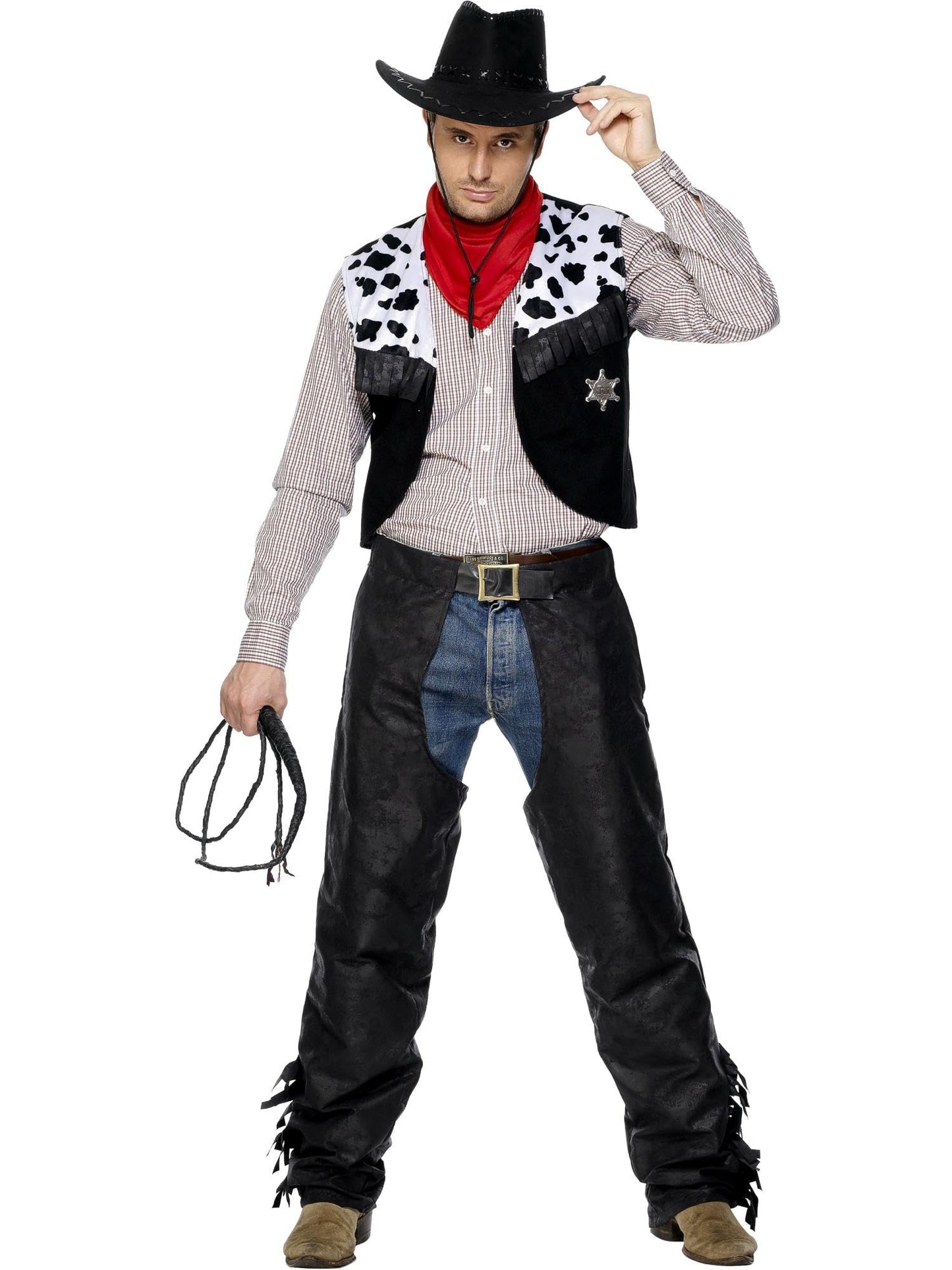 Costum de cowboy Smiffys, negru, cu chaps, vestă, curea și batic.