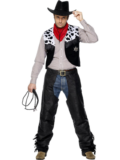 Costum de cowboy Smiffys, negru, cu chaps, vestă, curea și batic.