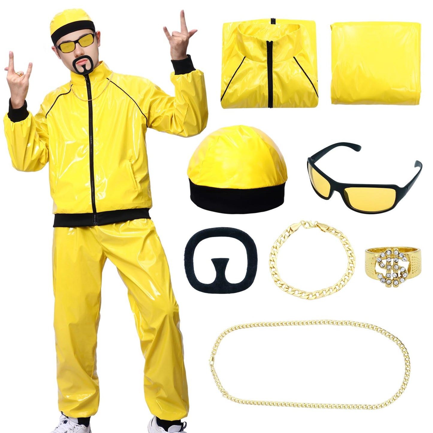 Costum Ali-G pentru adulți - Hip Hop, cu pălărie, colier, barbă, ochelari și inel, ideal pentru petreceri de carnaval și Halloween.
