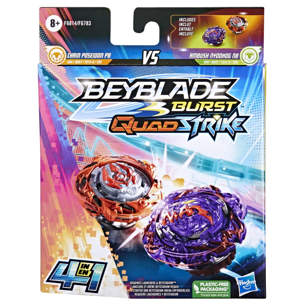 Set 2 jucarii Beyblade Burst QuadStrike Ambush Nyddhog N8 și Chain Poseidon P8 Multicolor