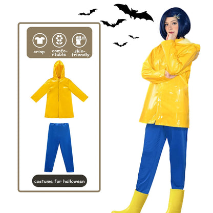 animacoser coraline Costum de damă cu pelerină galbenă de ploaie și pantaloni albaștri pentru carnaval și Halloween