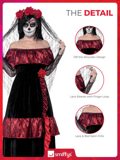 Smiffys Deluxe Costum de mireasă Ziua Morților, negru, Halloween și Carnaval