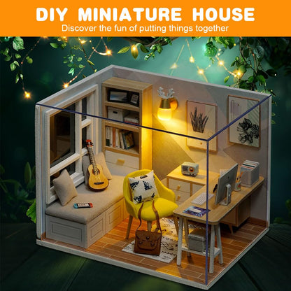 OSDUE Kit Miniatură Casă de Păpuși DIY, Model din Lemn cu LED și Protecție împotriva Prafului, Cadou de Craft pentru Adulți și Copii