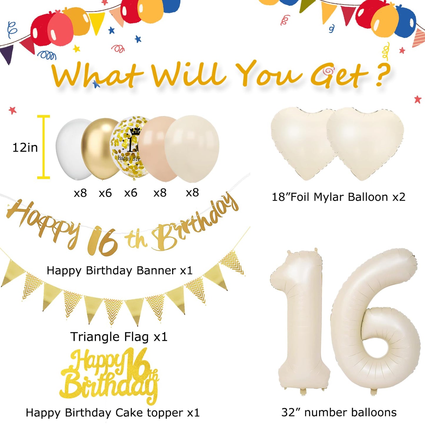 VUCDXOP Set de decorare baloane pentru petrecere 12 ani bej cu banner și decorațiuni tort
