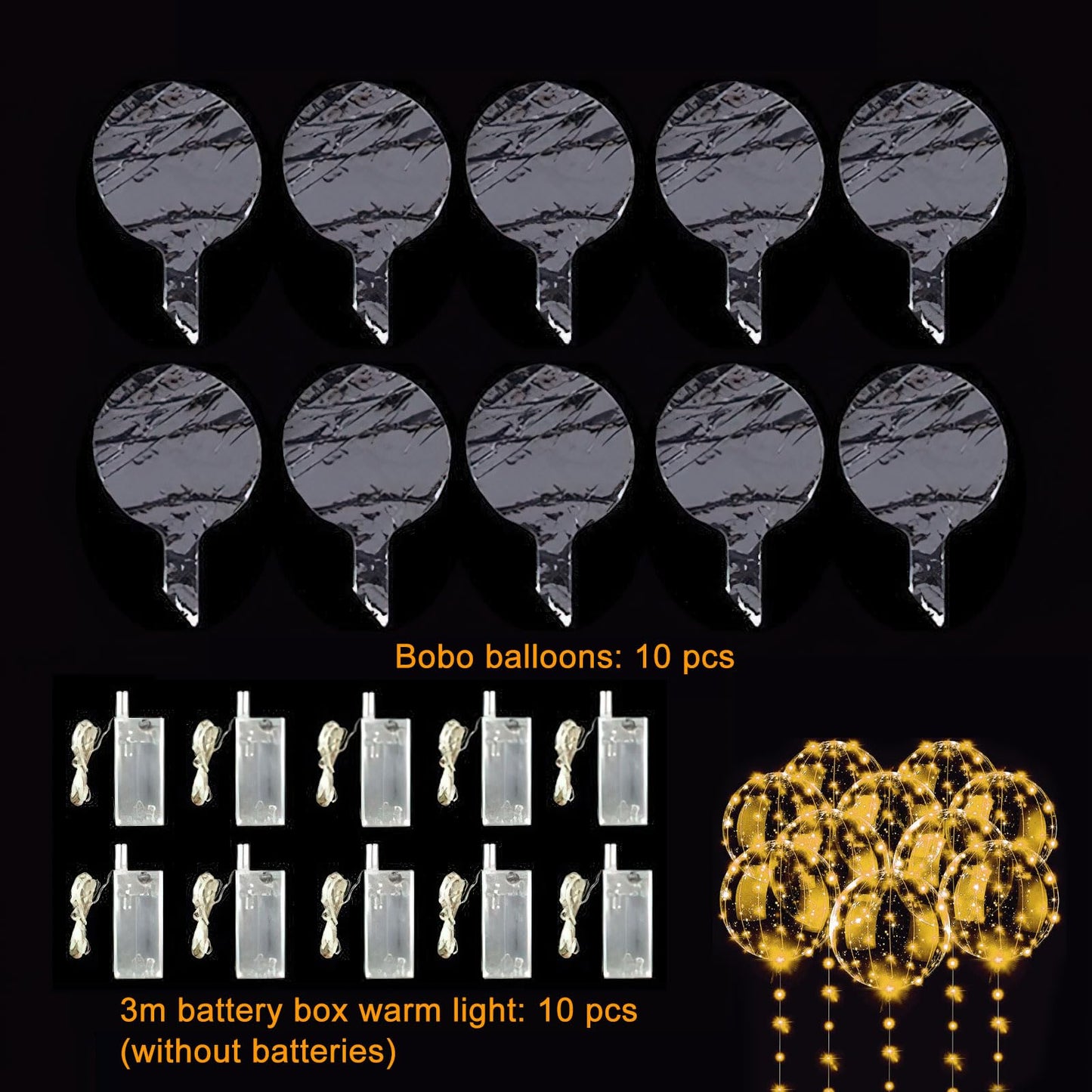 DAWRIS Set 10 Baloane Bobo LED 13 inch, șirag 3m