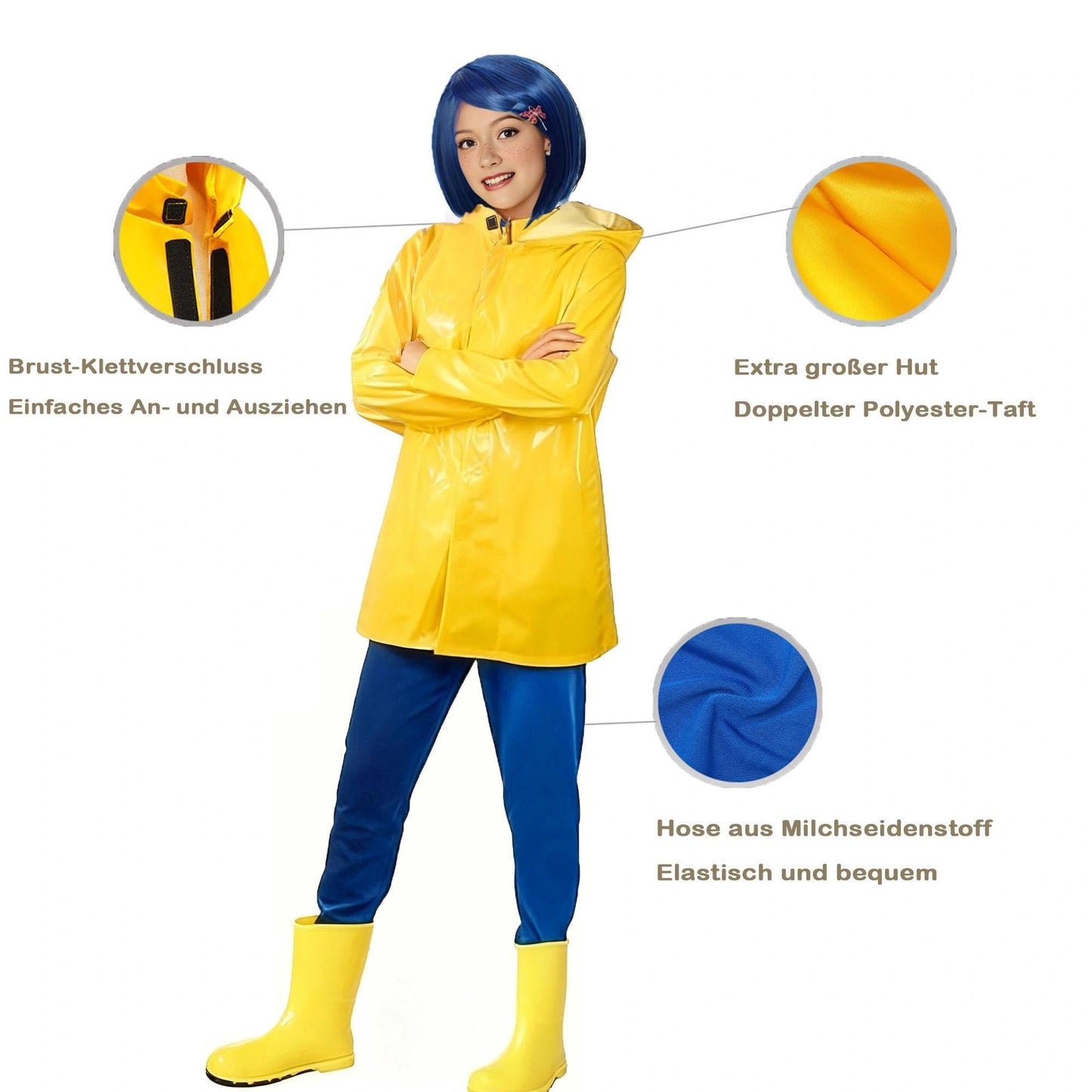 animacoser coraline Costum de damă cu pelerină galbenă de ploaie și pantaloni albaștri pentru carnaval și Halloween