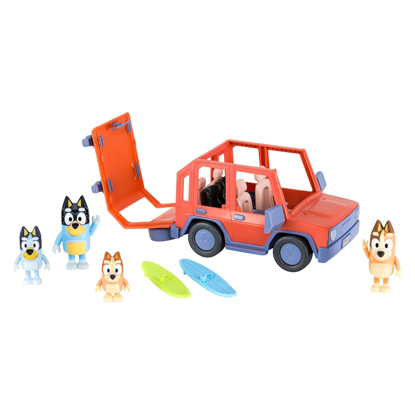 BlueY Heeler - Mașină de familie cu tracțiune integrală și set de 4 figurine, figurine de 6-8 cm, 2 plăci de surf și autocolante ca accesorii, exclusiv pe Amazon.