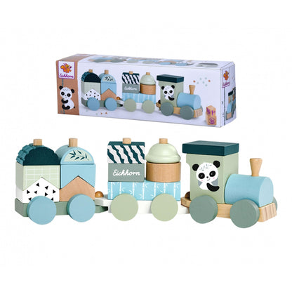 Eichhorn 7/100003804 Set tren din lemn cu 2 vagoane și 13 cuburi colorate, 16 piese, 29 cm, jucărie motricitate pentru copii de la 1 an (gri/bleu deschis)